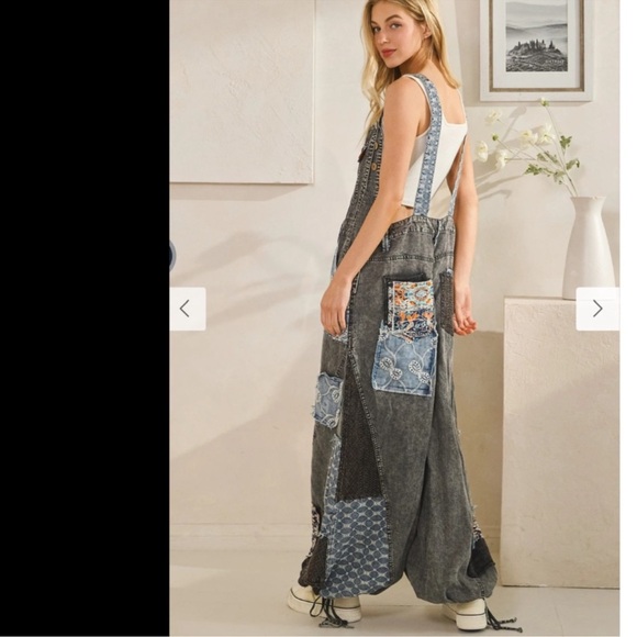 New:Oli & Hali Relaxed Fit Mixed Fabric Print Patchwork Wide Leg Overalls•Large - Picture 6 of 8